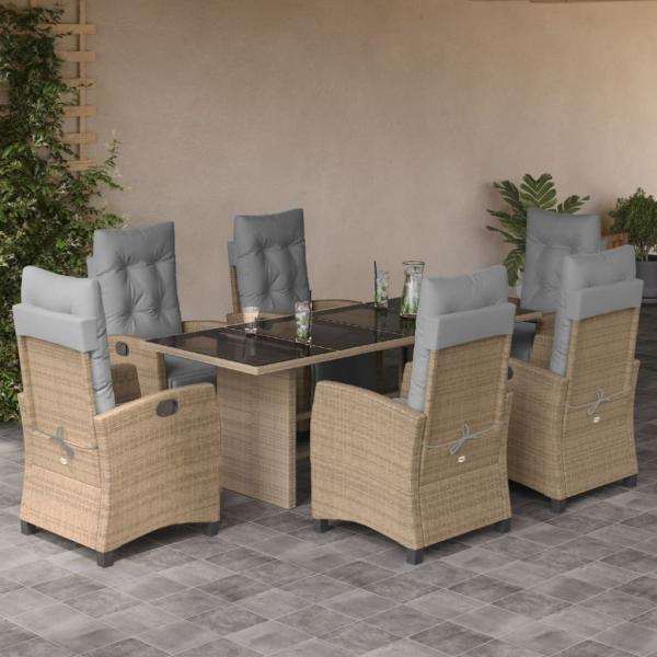 ARDEBO.de - 7-tlg. Garten-Essgruppe mit Kissen Beigemischung Poly Rattan