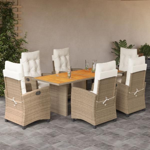 ARDEBO.de - 7-tlg. Garten-Essgruppe mit Kissen Beige Poly Rattan