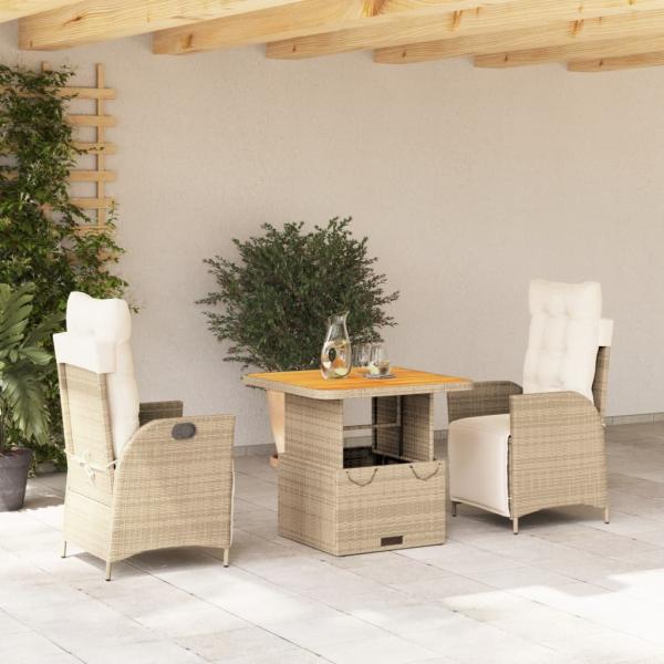ARDEBO.de - 3-tlg. Garten-Essgruppe mit Kissen Beige Poly Rattan