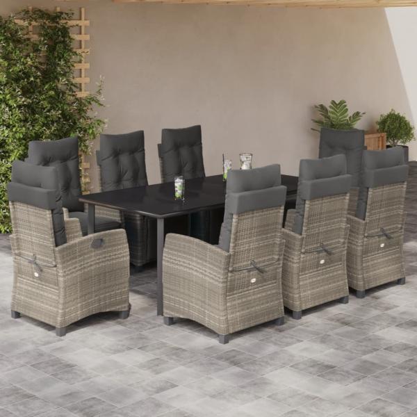 ARDEBO.de - 9-tlg. Garten-Essgruppe mit Kissen Hellgrau Poly Rattan