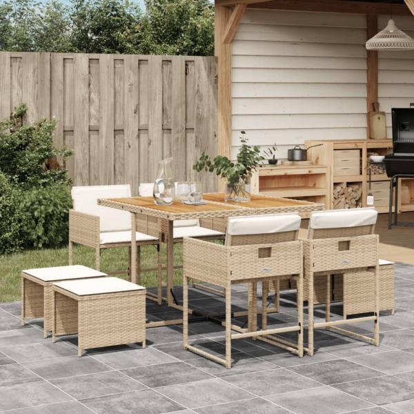 ARDEBO.de - 9-tlg. Garten-Essgruppe mit Kissen Beige Poly Rattan