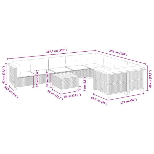 10-tlg. Garten-Sofagarnitur mit Kissen Schwarz Poly Rattan