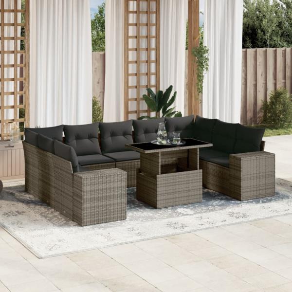 ARDEBO.de - 10-tlg. Garten-Sofagarnitur mit Kissen Grau Poly Rattan