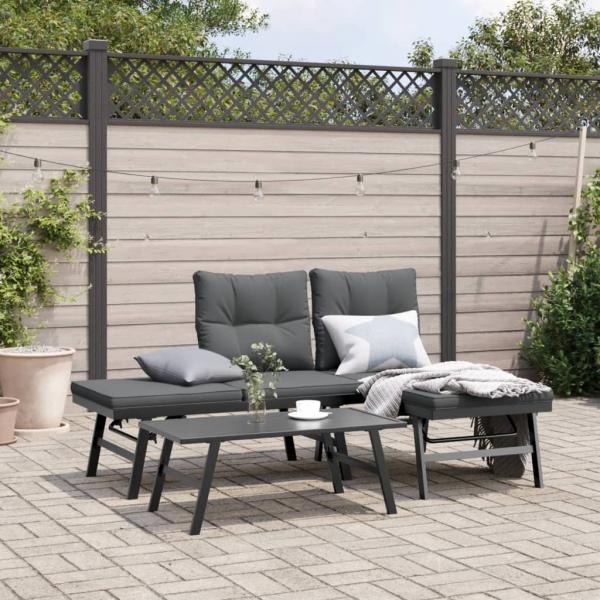 ARDEBO.de - Gartenbänke mit Kissen 2 Stk. Schwarz Pulverbeschichteter Stahl