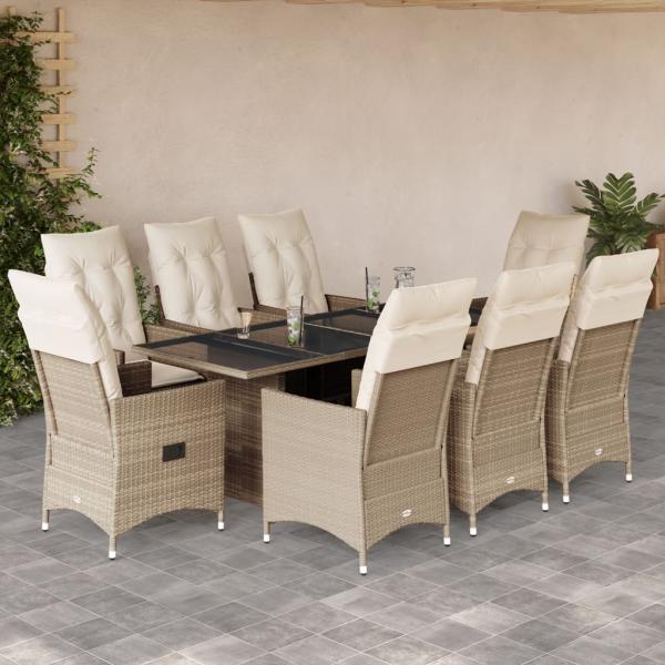 ARDEBO.de - 9-tlg. Garten-Essgruppe mit Kissen Beige Poly Rattan