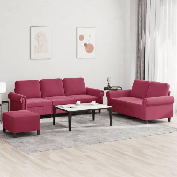 ARDEBO.de - 3-tlg. Sofagarnitur mit Kissen Weinrot Samt