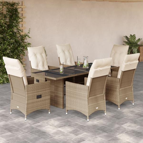 ARDEBO.de - 7-tlg. Garten-Essgruppe mit Kissen Beige Poly Rattan