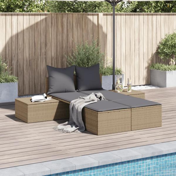 ARDEBO.de - Doppel-Sonnenliege mit Auflagen Beige Poly Rattan