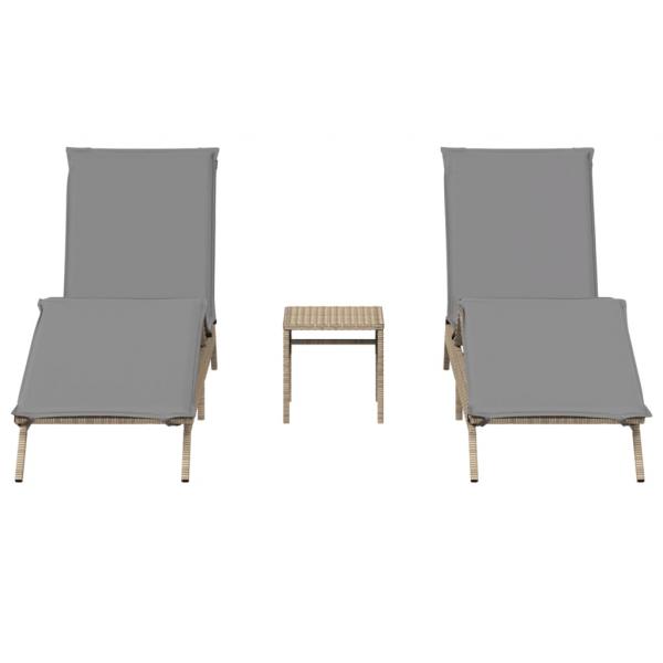 Sonnenliegen 2 Stk. mit Tisch Beige Poly Rattan