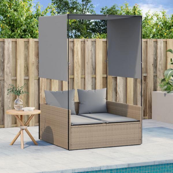 ARDEBO.de - Doppel-Sonnenliege mit Dach und Vorhängen Beige Poly Rattan