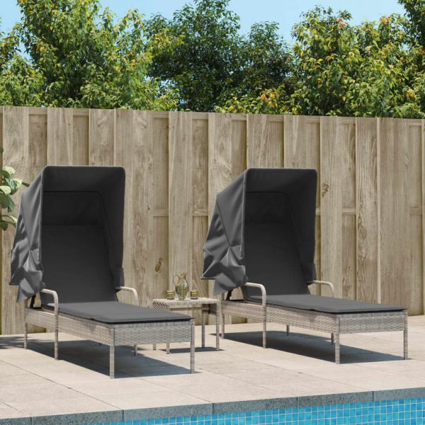 ARDEBO.de - Sonnenliegen 2 Stk. mit Dach und Tisch Hellgrau Poly Rattan