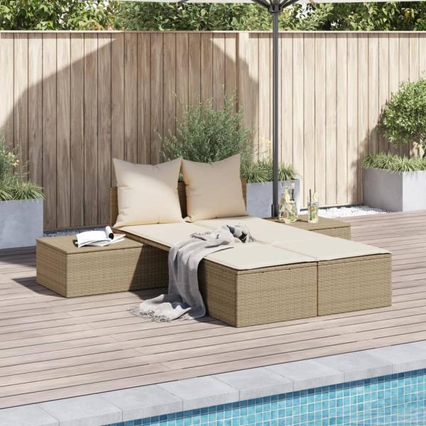 ARDEBO.de - Doppel-Sonnenliege mit Auflagen Beige Poly Rattan