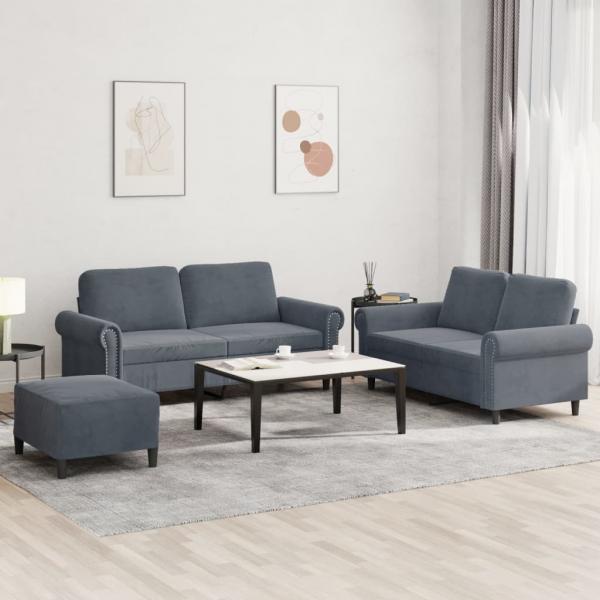 ARDEBO.de - 3-tlg. Sofagarnitur mit Kissen Dunkelgrau Samt