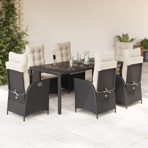 ARDEBO.de - 7-tlg. Garten-Essgruppe mit Kissen Schwarz Poly Rattan