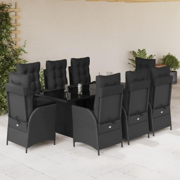 ARDEBO.de - 9-tlg. Garten-Essgruppe mit Kissen Schwarz Poly Rattan