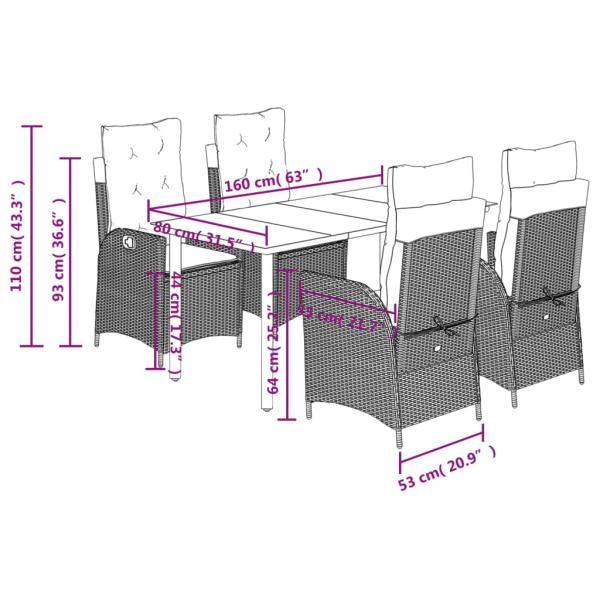 5-tlg. Garten-Essgruppe mit Kissen Schwarz Poly Rattan