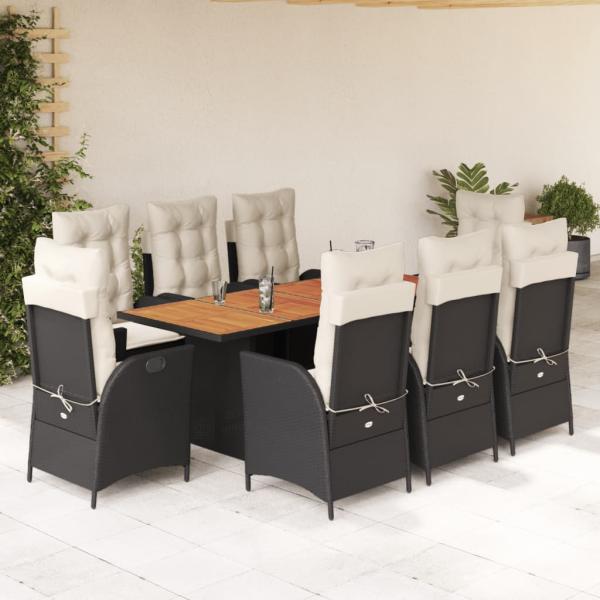 ARDEBO.de - 9-tlg. Garten-Essgruppe mit Kissen Schwarz Poly Rattan