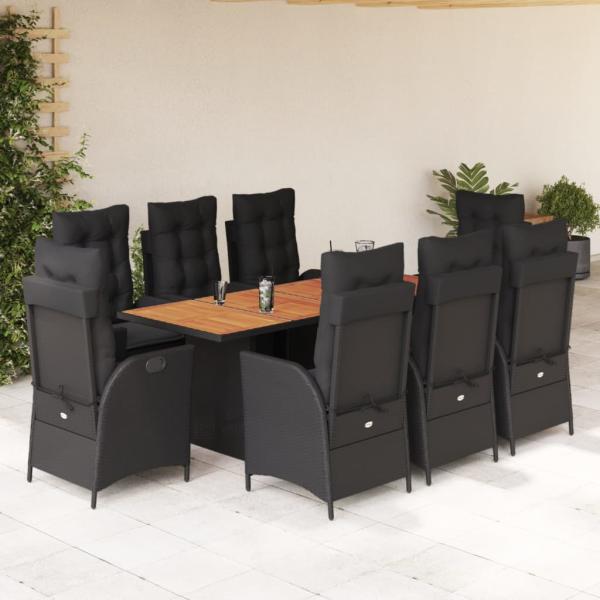 ARDEBO.de - 9-tlg. Garten-Essgruppe mit Kissen Schwarz Poly Rattan