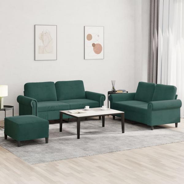 ARDEBO.de - 3-tlg. Sofagarnitur mit Kissen Dunkelgrün Samt
