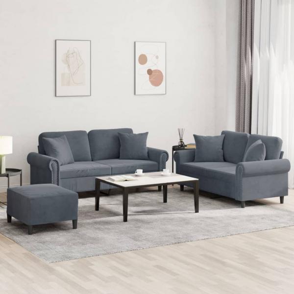 ARDEBO.de - 3-tlg. Sofagarnitur mit Kissen Dunkelgrau Samt