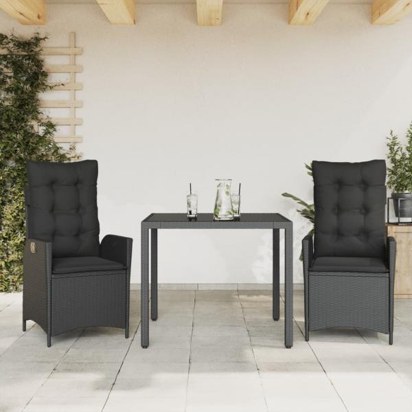 ARDEBO.de - 3-tlg. Garten-Essgruppe mit Kissen Schwarz Poly Rattan