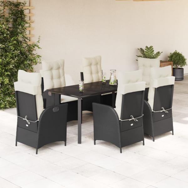 ARDEBO.de - 7-tlg. Garten-Essgruppe mit Kissen Schwarz Poly Rattan