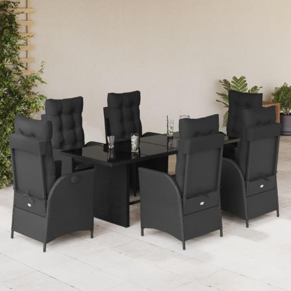 ARDEBO.de - 7-tlg. Garten-Essgruppe mit Kissen Schwarz Poly Rattan