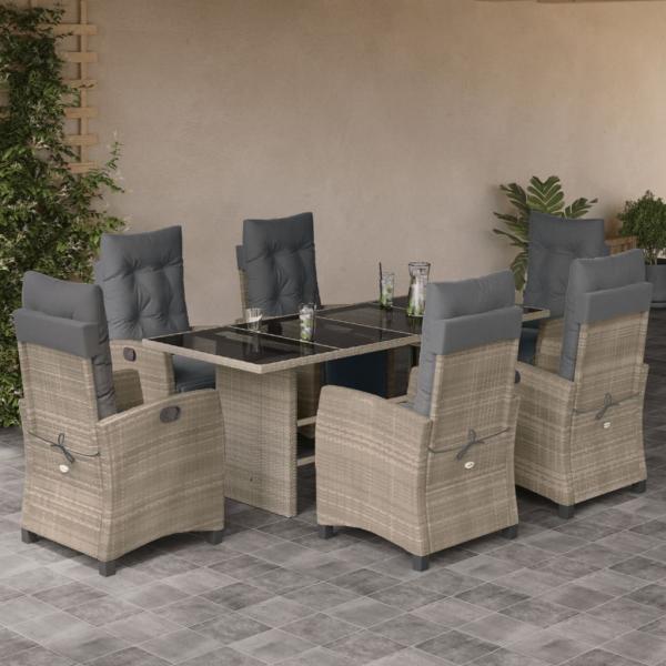 ARDEBO.de - 7-tlg. Garten-Essgruppe mit Kissen Hellgrau Poly Rattan