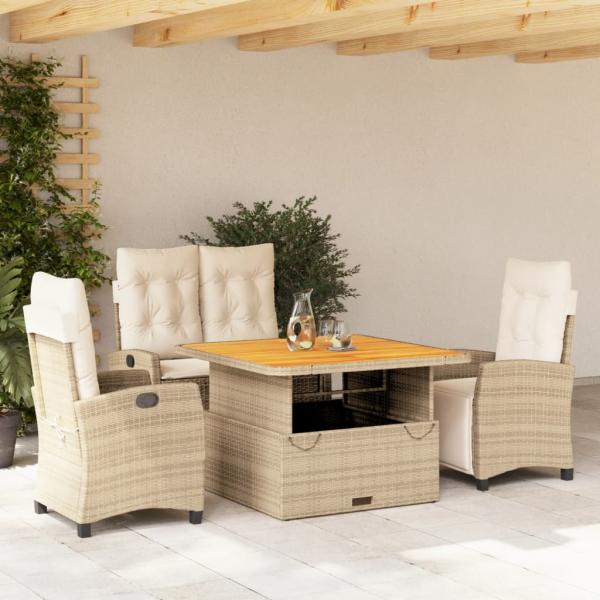 ARDEBO.de - 4-tlg. Garten-Essgruppe mit Kissen Beige Poly Rattan
