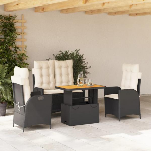 ARDEBO.de - 4-tlg. Garten-Essgruppe mit Kissen Schwarz Poly Rattan