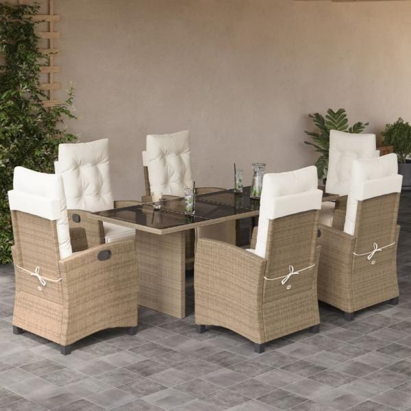 ARDEBO.de - 7-tlg. Garten-Essgruppe mit Kissen Beige Poly Rattan