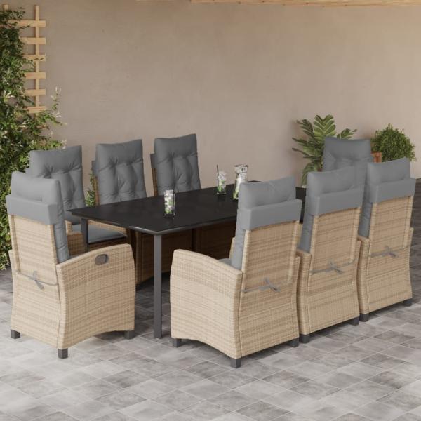 ARDEBO.de - 9-tlg. Garten-Essgruppe mit Kissen Beigemischung Poly Rattan