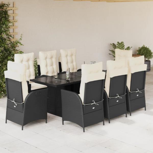 ARDEBO.de - 9-tlg. Garten-Essgruppe mit Kissen Schwarz Poly Rattan