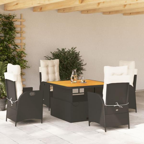 ARDEBO.de - 5-tlg. Garten-Essgruppe mit Kissen Schwarz Poly Rattan