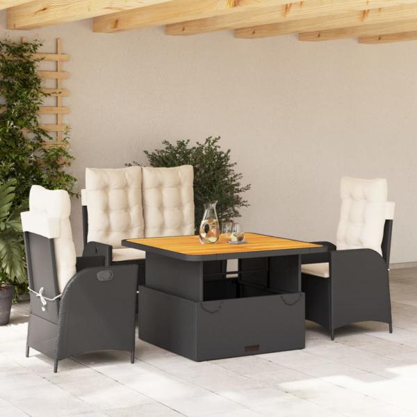 ARDEBO.de - 4-tlg. Garten-Essgruppe mit Kissen Schwarz Poly Rattan