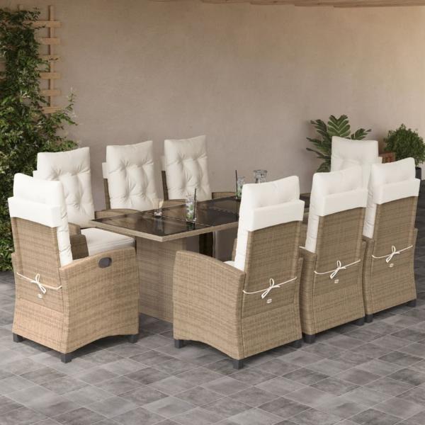 ARDEBO.de - 9-tlg. Garten-Essgruppe mit Kissen Beige Poly Rattan