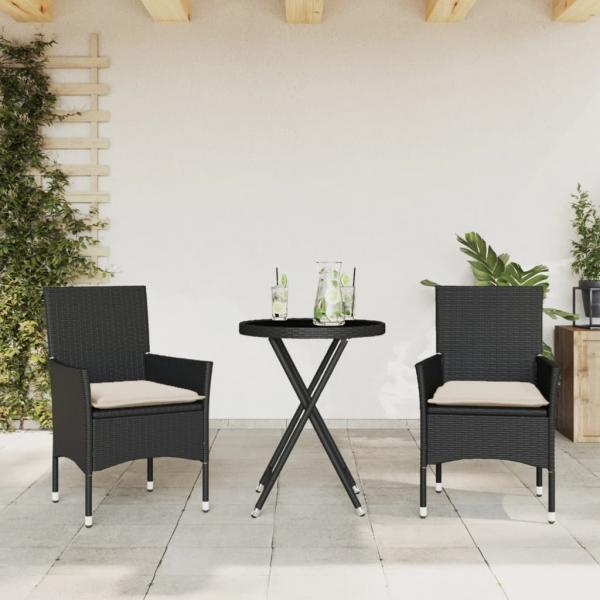 ARDEBO.de - 3-tlg. Bistro-Set mit Kissen Schwarz Poly Rattan und Glas