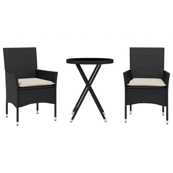 3-tlg. Bistro-Set mit Kissen Schwarz Poly Rattan und Glas