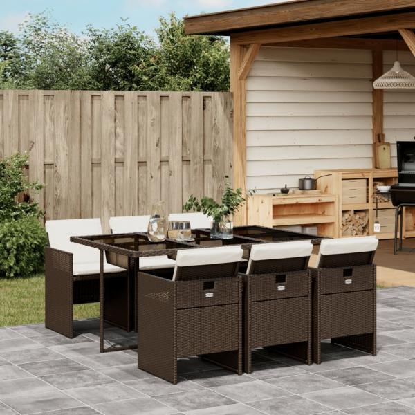 ARDEBO.de - 7-tlg. Garten-Essgruppe mit Kissen Braun Poly Rattan