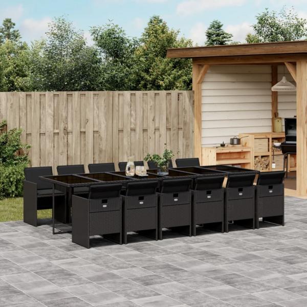 ARDEBO.de - 13-tlg. Garten-Essgruppe mit Kissen Schwarz Poly Rattan