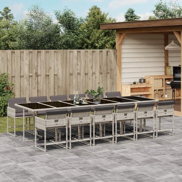 ARDEBO.de - 13-tlg. Garten-Essgruppe mit Kissen Hellgrau Poly Rattan