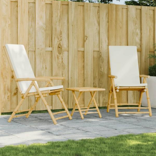 ARDEBO.de - 3-tlg. Bistro-Set Klappbar mit Cremeweißen Kissen Bambus