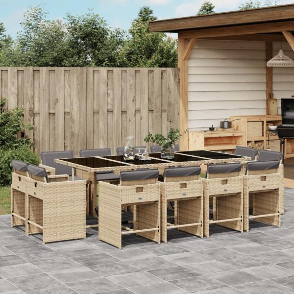 ARDEBO.de - 13-tlg. Garten-Essgruppe mit Kissen Beigemischung Poly Rattan