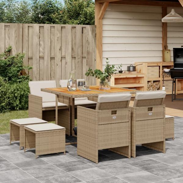 ARDEBO.de - 9-tlg. Garten-Essgruppe mit Kissen Beige Poly Rattan