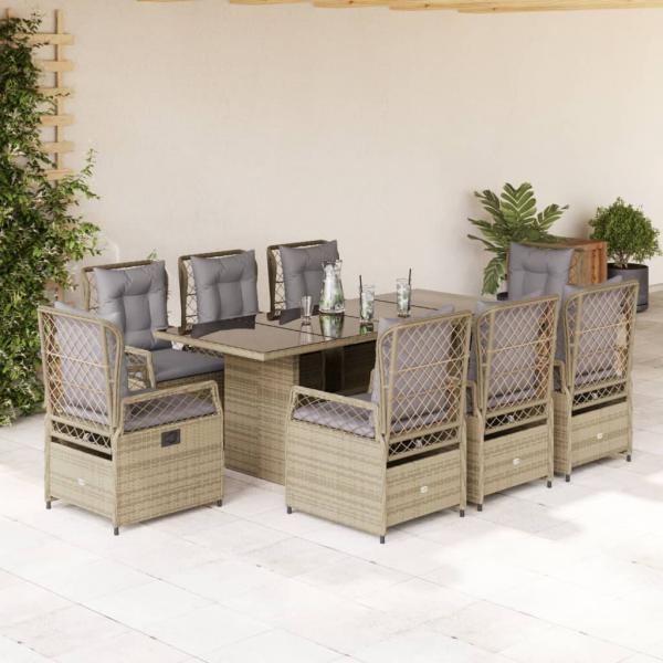 ARDEBO.de - 9-tlg. Garten-Essgruppe mit Kissen Beige Poly Rattan