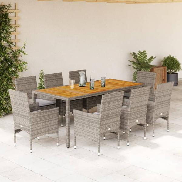 ARDEBO.de - 9-tlg. Garten-Essgruppe mit Kissen Grau Poly Rattan Akazie