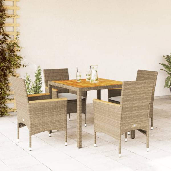 ARDEBO.de - 5-tlg. Garten-Essgruppe mit Kissen Beige Poly Rattan Akazie