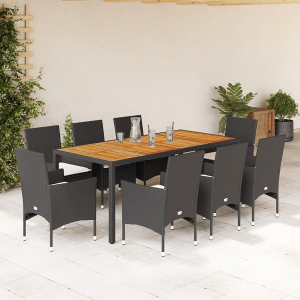ARDEBO.de - 9-tlg. Garten-Essgruppe mit Kissen Schwarz Poly Rattan Akazie