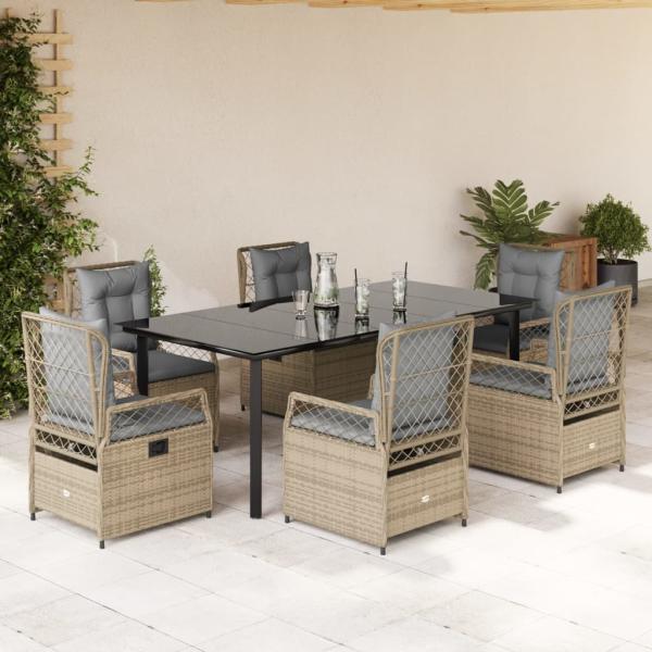ARDEBO.de - 7-tlg. Garten-Essgruppe mit Kissen Beige Poly Rattan
