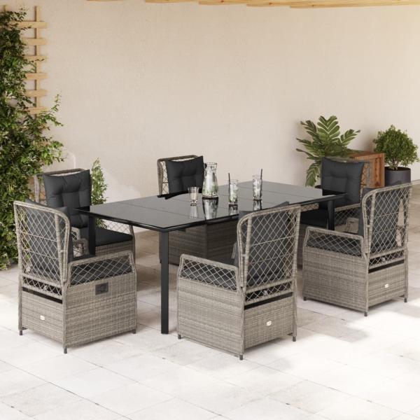 ARDEBO.de - 7-tlg. Garten-Essgruppe mit Kissen Hellgrau Poly Rattan